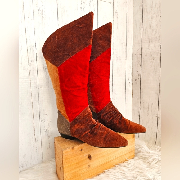 Passport Shoes - Vintage RARE Passports Suede Patchwork Knee High Low Heel Boots Red Tan Brown